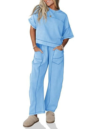 Women's Two Piece Sweatsuit Set with Cropped Top and Wide Leg Pants