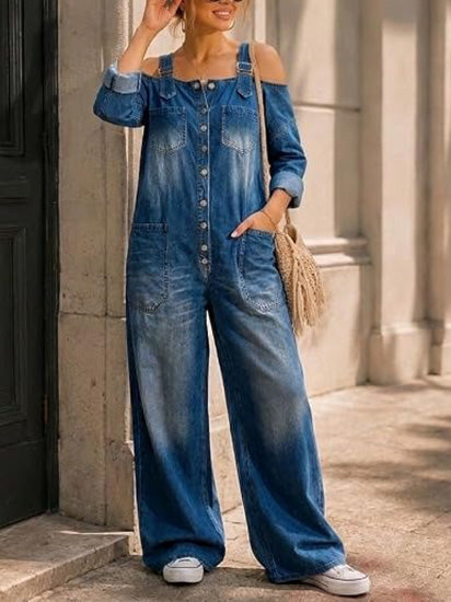 Women's Vintage Washed Off Shoulder Denim Wide Leg Overalls