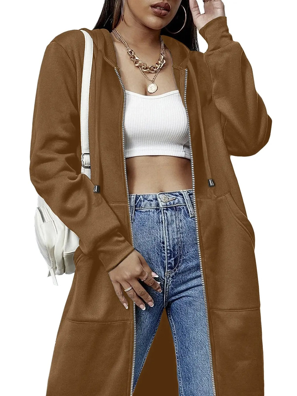 Women's Casual Long Hooded Zip Up Jacket
