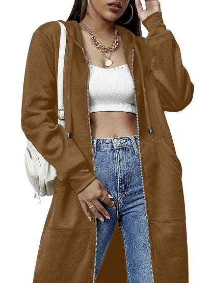 Women's Casual Long Hooded Zip Up Jacket