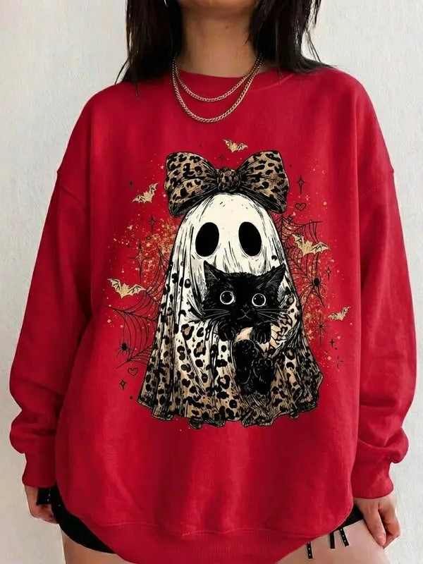 Vintage Halloween Leopard Bow Ghost Black‑Cat Sweatshirt