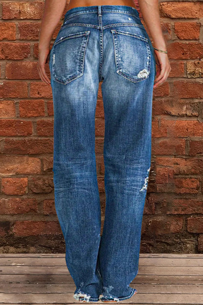 Ripped Low Waist Straight Leg Jeans