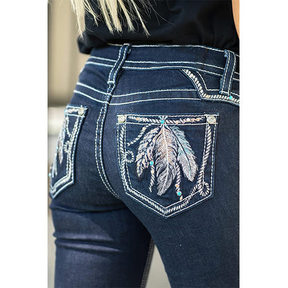 Women's Feather Embroidery High Waist Stretchy Casual Wide Leg Denim Pants