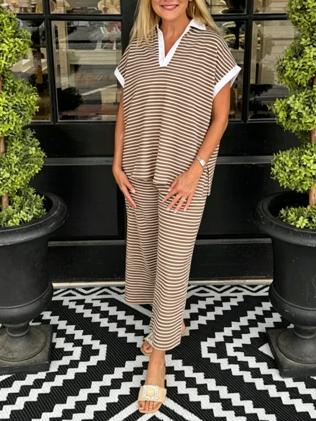 Women's Stripe Polo Loungewear Set