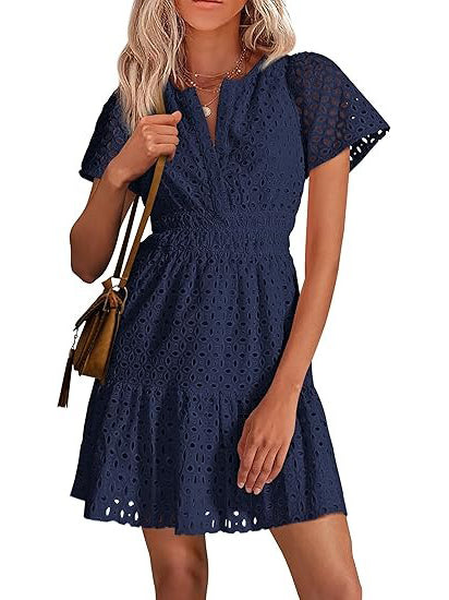 Women's V Neck Smocked Waist Eyelet Dress