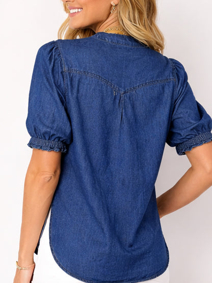 Women's Half-Button Denim Puff Sleeve Top