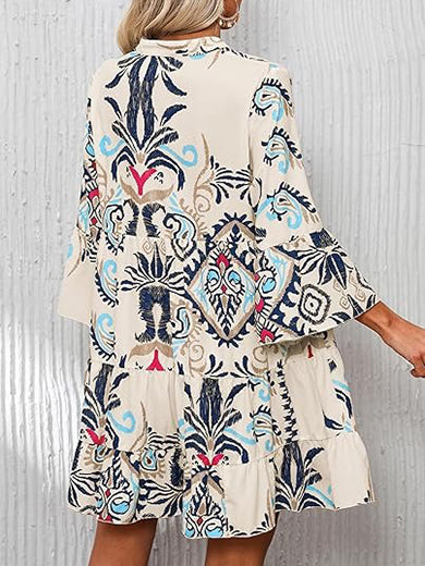 Women's 2026 Boho Babydoll Dress with 3/4 Ruffle Sleeves