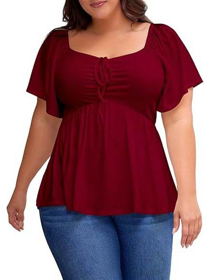 Womens Flutter Short Sleeve Shirred Peplum Plus Size Top