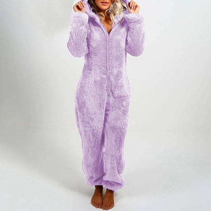 Women's Pajamas Furry Zipper Jumpsuit Hooded Pajamas