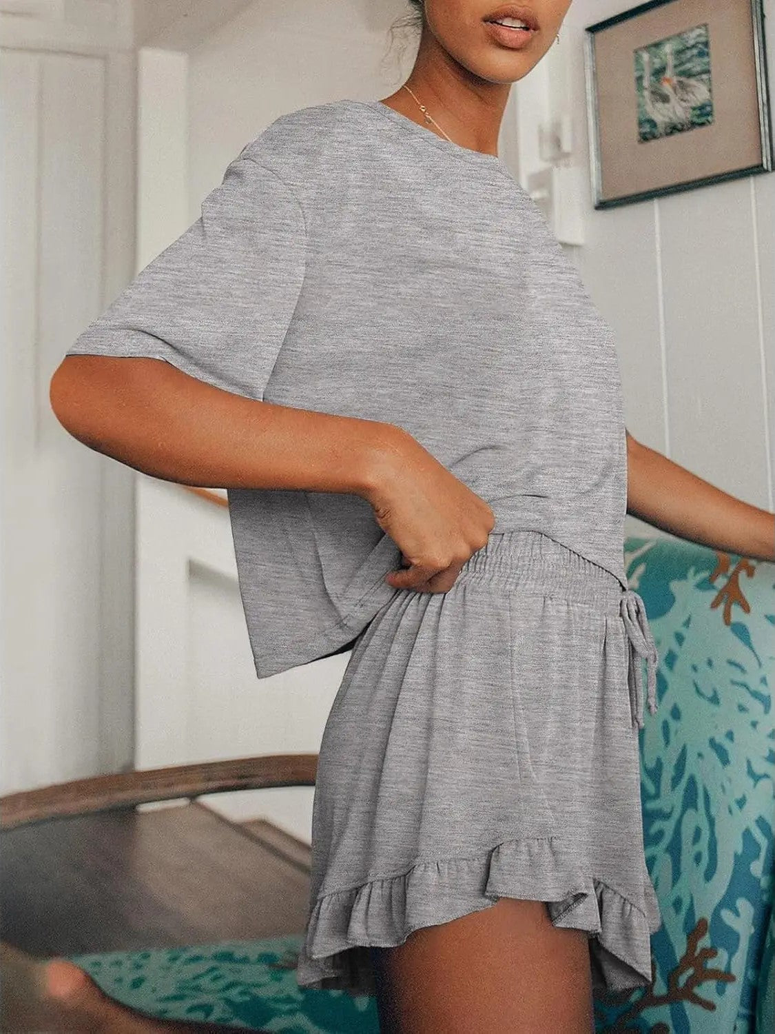 Women's Ruffle Short Sleeve Loungewear Short Set
