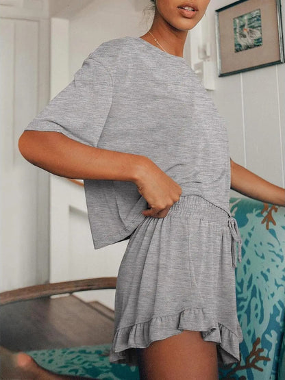 Women's Ruffle Short Sleeve Loungewear Short Set