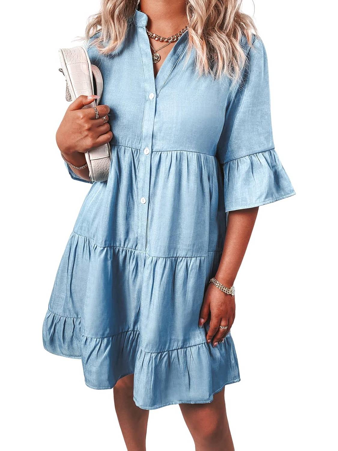 Women's Casual V Neck Ruffle Short Sleeve Summer Dress
