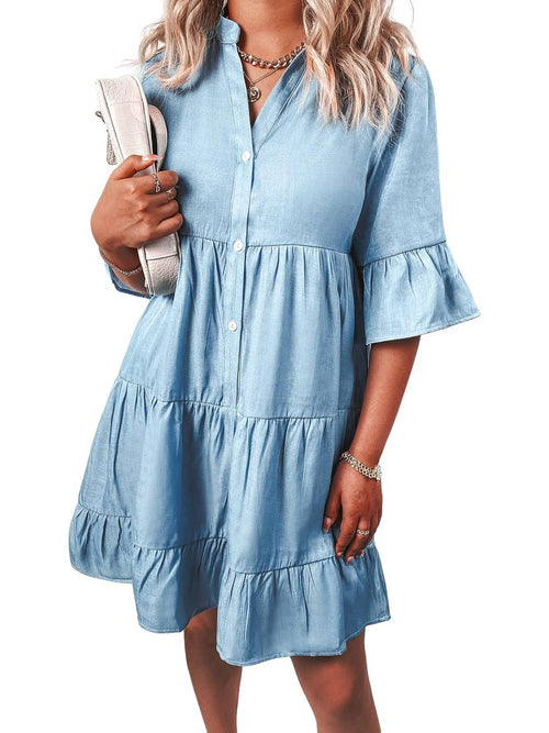 Women's Casual V Neck Ruffle Short Sleeve Summer Dress