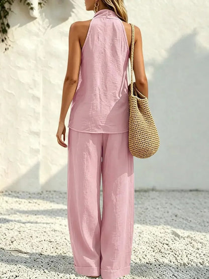 Women's Deep V‑Neck Halter Top & Wide Leg Pants Set