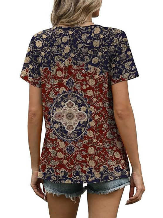 Summer Pleated Neck Short Sleeve Loose Casual Blouse