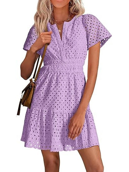 Women's V Neck Smocked Waist Eyelet Dress