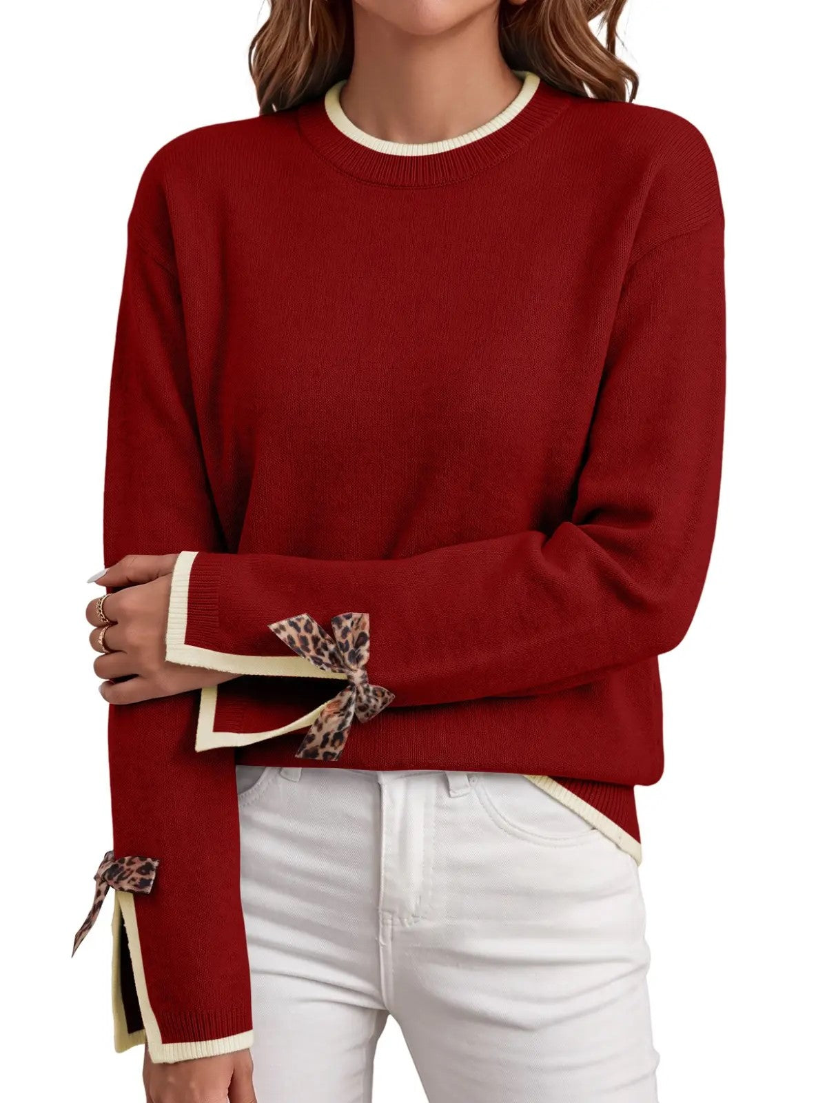 Women Crew Neck Knit Sweater With Leopard Print Bow Cuffs