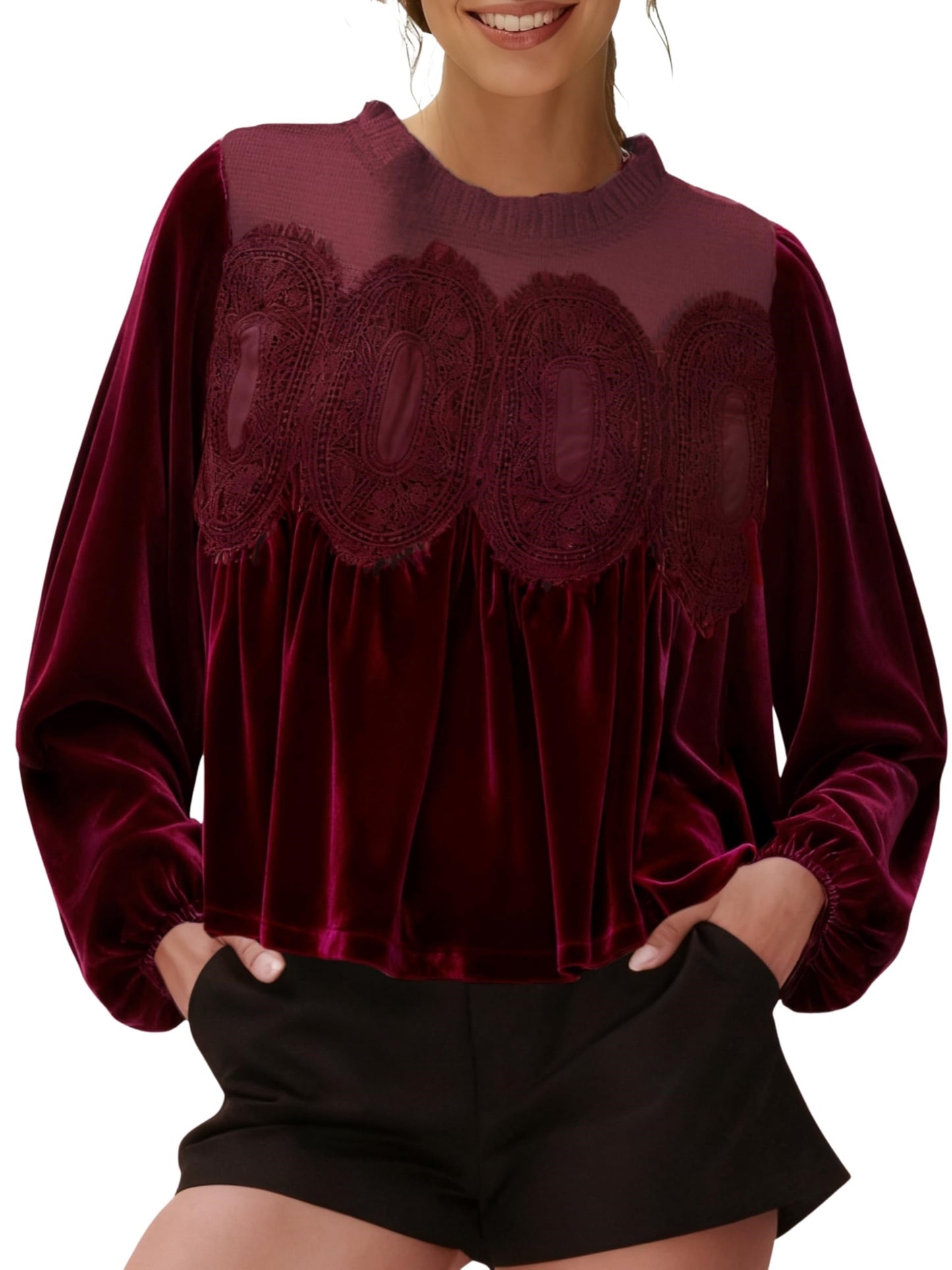 Women's Long Sleeve Velvet Lace Blouse