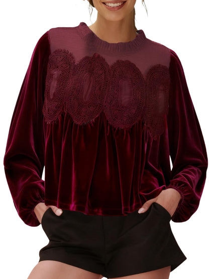 Women's Long Sleeve Velvet Lace Blouse