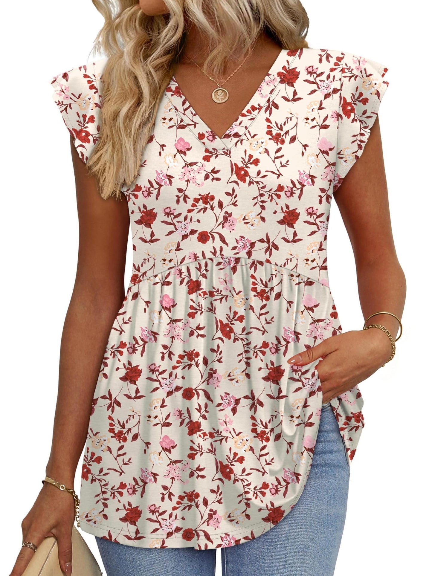 Casual Summer V-Neck Ruffle Sleeve Babydoll Shirt