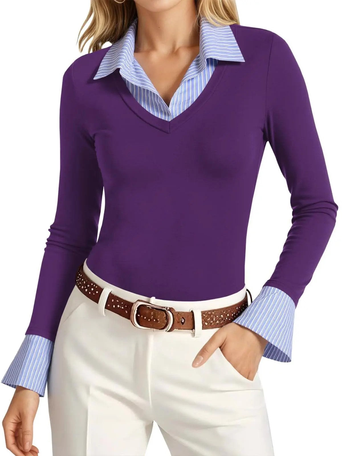 Women's Mock‑Two‑Piece Striped Collar Long‑Sleeve Top