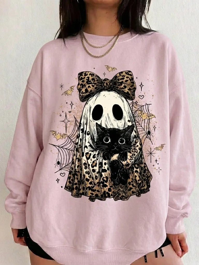 Vintage Halloween Leopard Bow Ghost Black‑Cat Sweatshirt