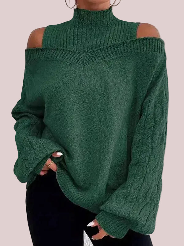 Women's Off Shoulder Turtleneck Lantern Sleeve Loose Pullover