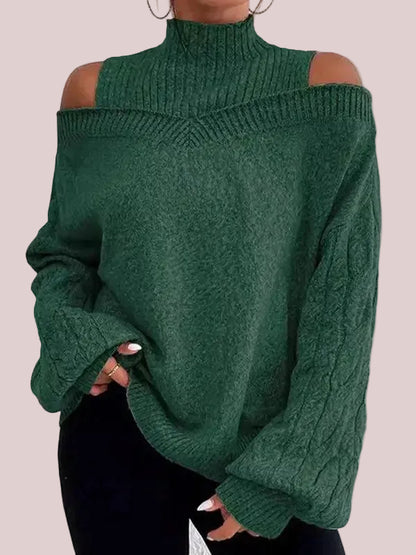 Women's Off Shoulder Turtleneck Lantern Sleeve Loose Pullover