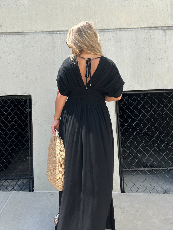 V-neck Dress With Slit And Gathered Waist
