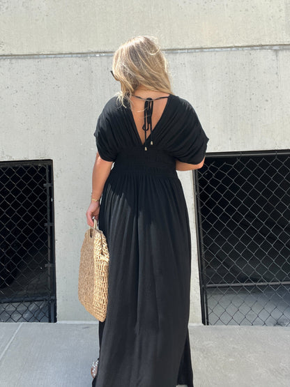 V-neck Dress With Slit And Gathered Waist