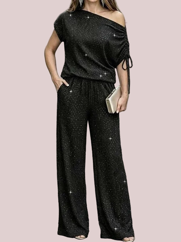 Women's Sparkle Off Shoulder Drawstring Top & Wide Leg Pants Set