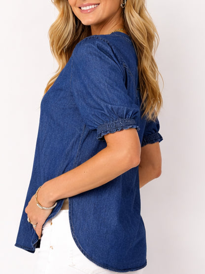 Women's Half-Button Denim Puff Sleeve Top