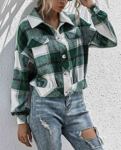 Women's Flannel Plaid Button Down Cropped Jacket