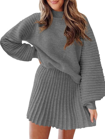 Women's Ribbed Sweater Two Piece Skirt Sets