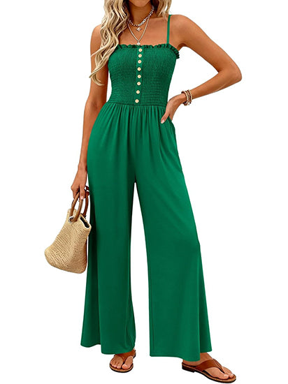 Women's Smocked Bustier Wide Leg Jumpsuit with Pockets
