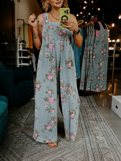 Women's Vintage Floral Denim Wide Leg Jumpsuit
