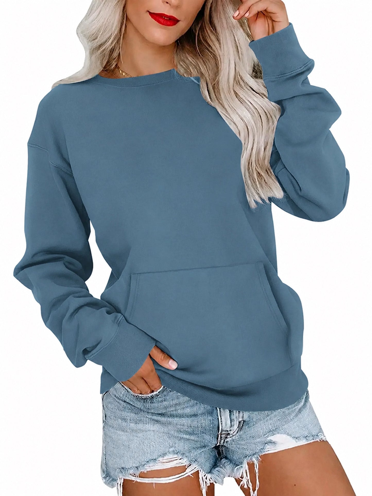 Women's Crew Neck Pocket Pullover Sweatshirt