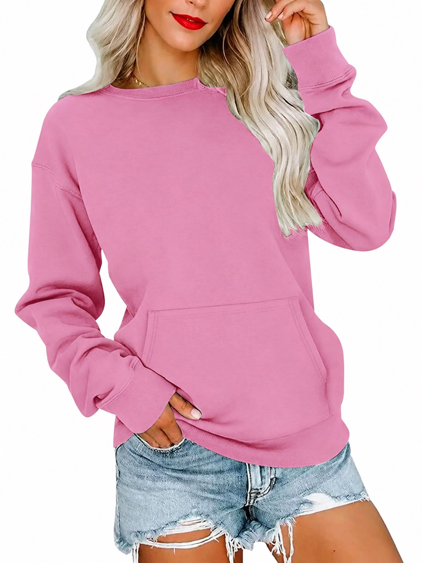 Women's Crew Neck Pocket Pullover Sweatshirt