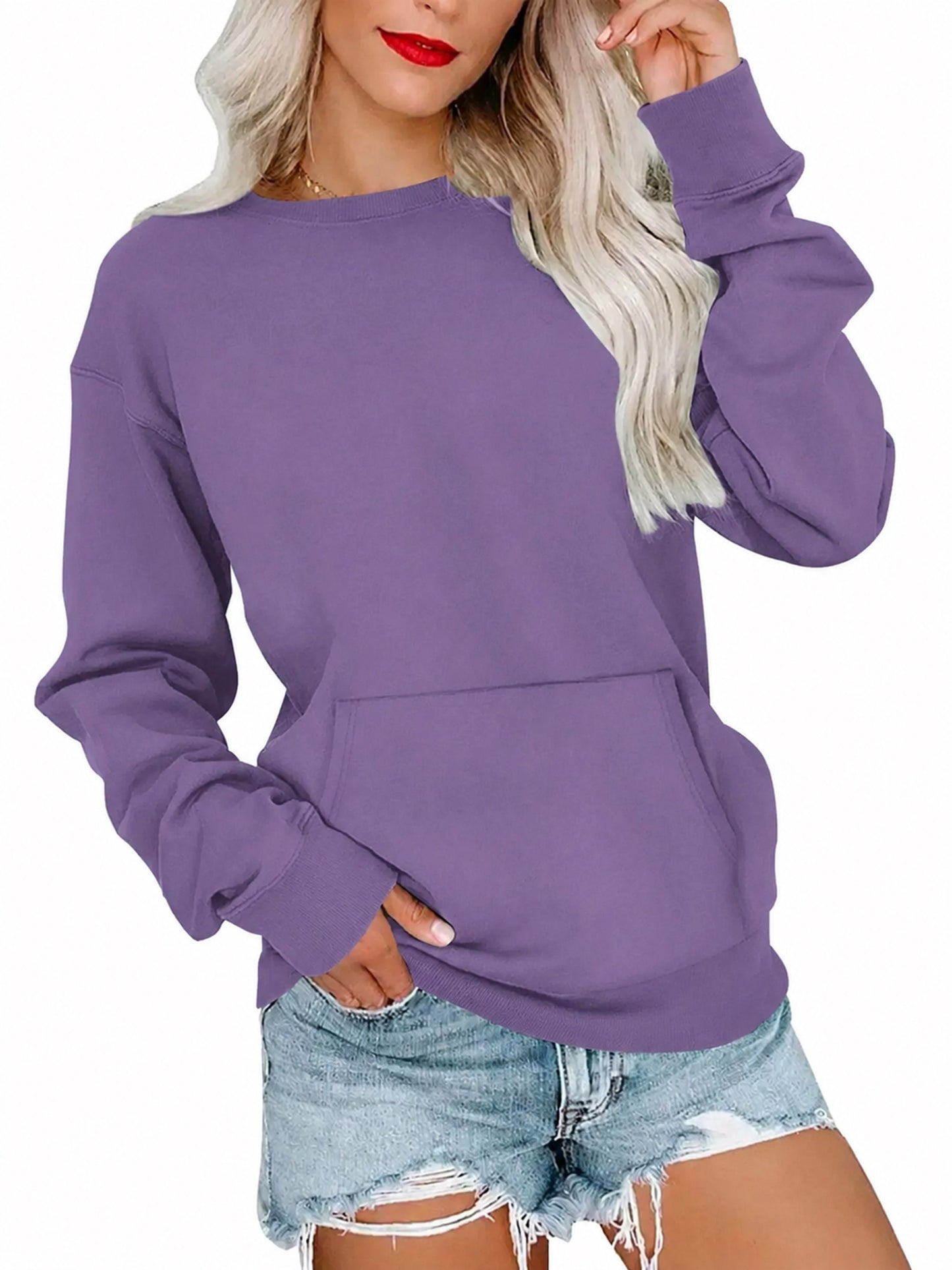 Women's Crew Neck Pocket Pullover Sweatshirt