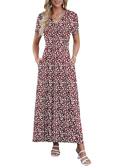 Women's V Neck Floral Print Flowy Maxi Dress with Pockets