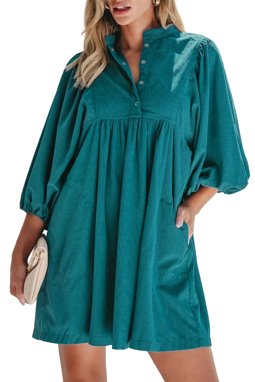 Women Snap Button Corduroy Puff-sleeve Dress