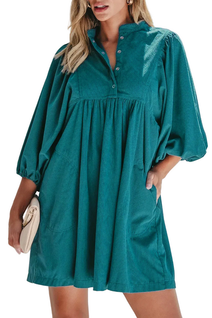 Women Snap Button Corduroy Puff-sleeve Dress