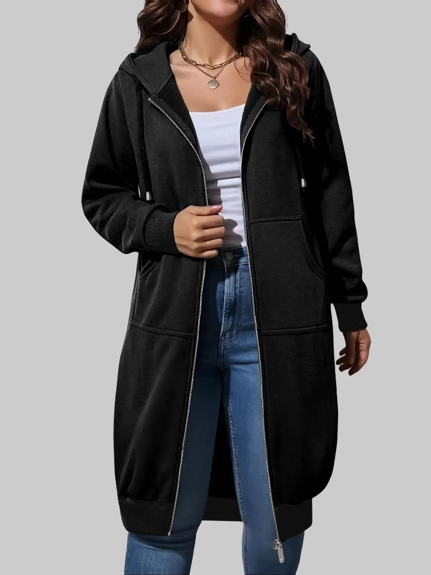 Women's Casual Long Hooded Zip Up Jacket