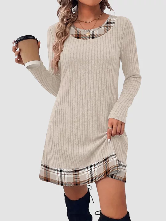 Women's Plaid Trim Ribbed Sweater Dress