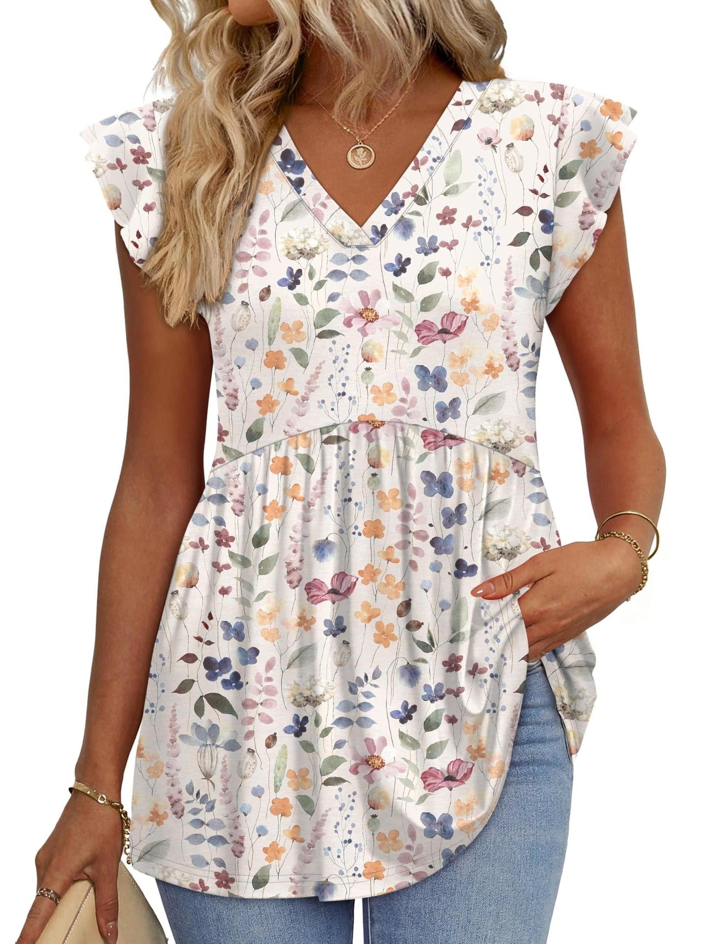 Casual Summer V-Neck Ruffle Sleeve Babydoll Shirt