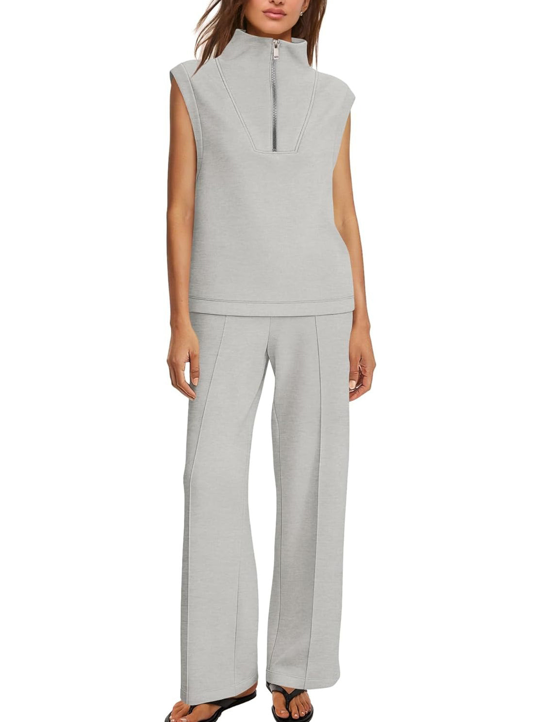 Women's Sleeveless Half Zip Top & Wide Leg Pants Set