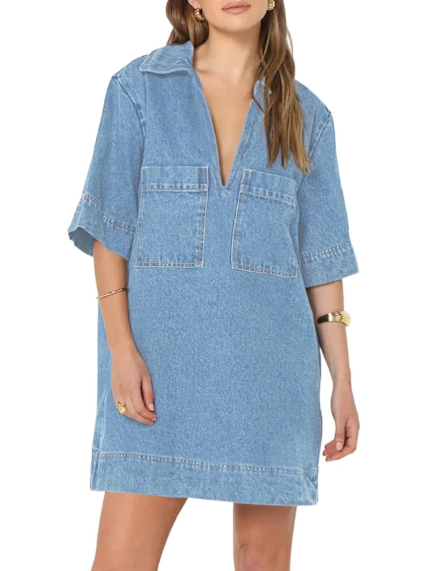 Women's Casual Denim Dress with Front Pockets