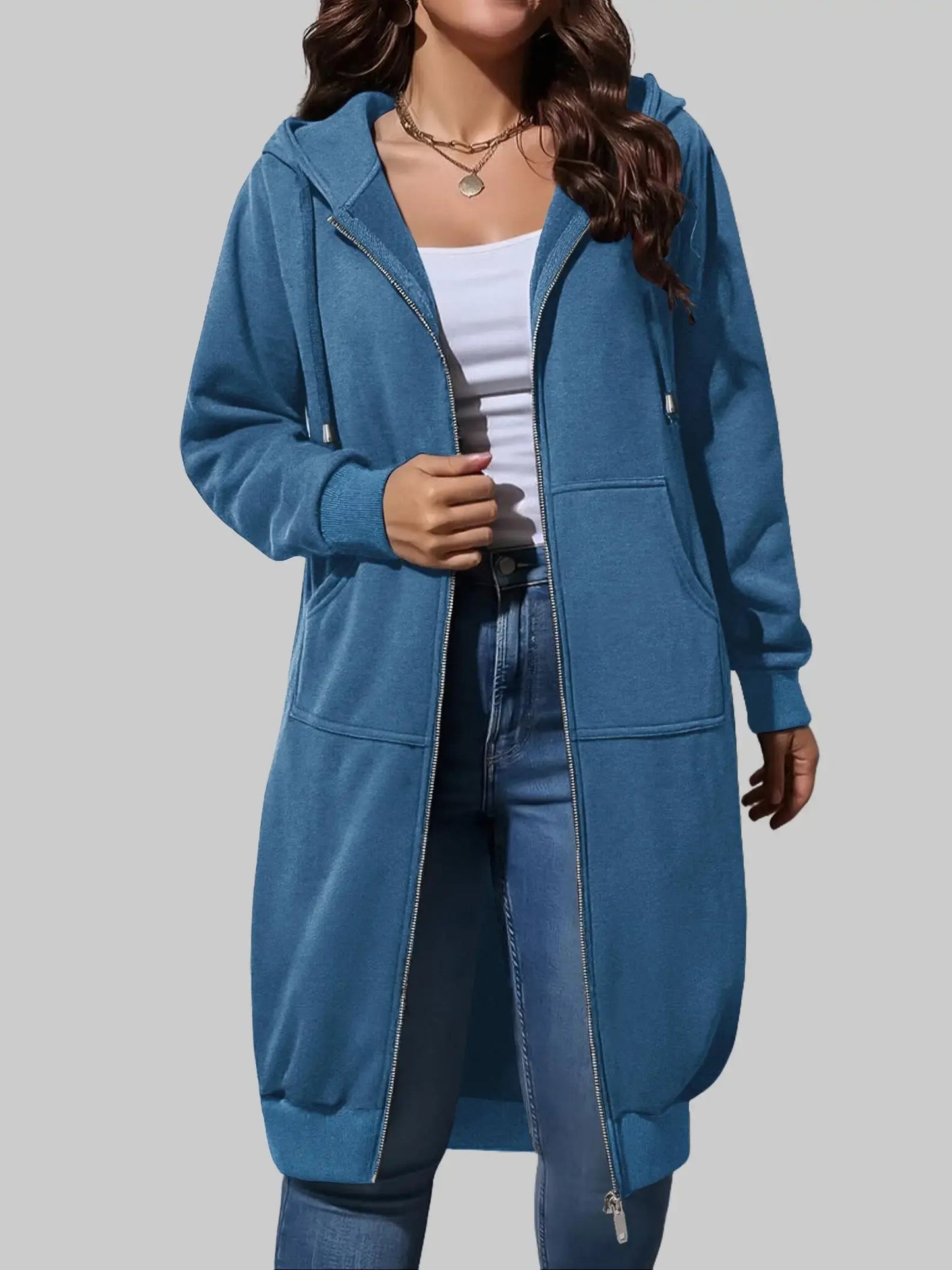 Women's Casual Long Hooded Zip Up Jacket