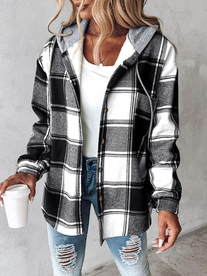 Women's Plaid Button Down Fleece Lined Hooded Jackets