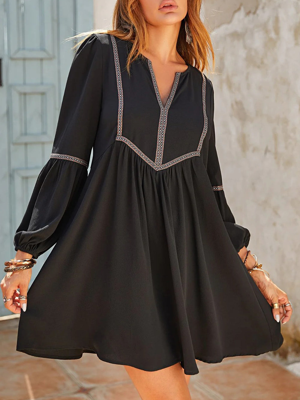 Women's Ruched Notched Long Sleeve Mini Dress
